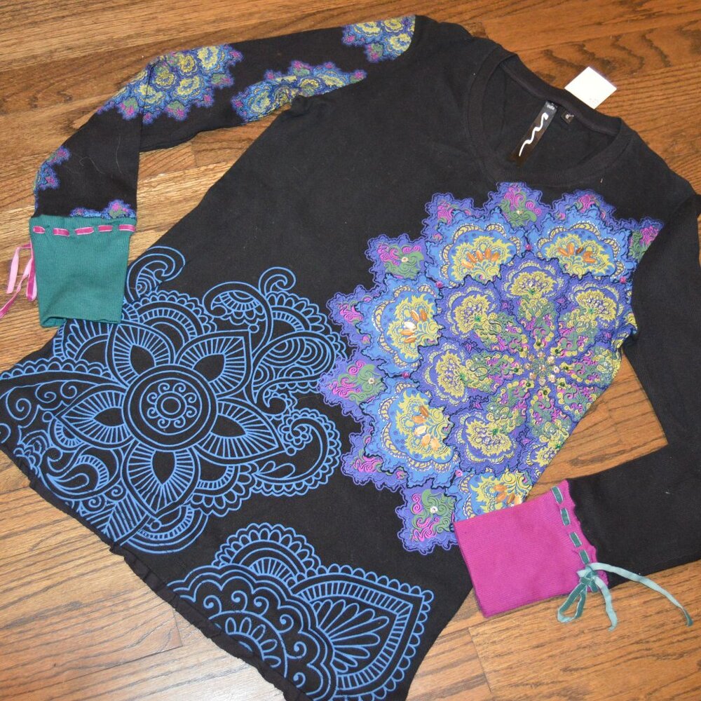 Montanaco Clothing Co~Cute Boutique Long Sleeve Black-Peacock Colors Bling Tee S